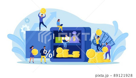 Open safe with dollar banknotes, coins in secure deposit box. Business people investing money on bank account. Cash protection, savings in moneybox. Financial saving insurance concept 89121928