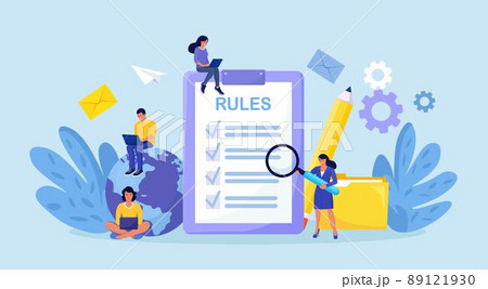 Business people studying list of rules, reading guidance, making checklist. Company order, restrictions. Rules in the document, regulations. Agreements and principles of work in office 89121930