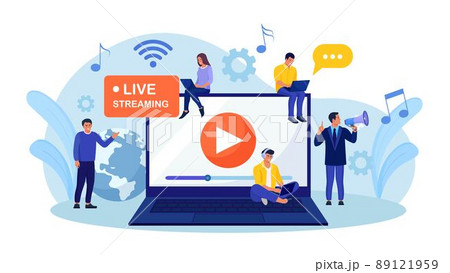 Live streaming, broadcast vlog. Video streaming podcast. Tiny people watch live stream in social networks and sharing online video. Business working process 89121959