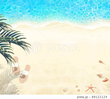 上から見た夏の砂浜とエメラルドグリーンの海の波打ち際に貝殻とサンダルとヤシのある美しい背景素材 89122124