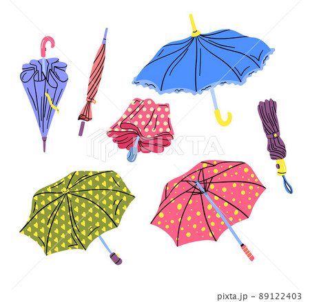 Cartoon Color Different View Umbrella Icon Set Season Rain Protection Concept Flat Design Style. Vector illustration of Umbrellas 89122403