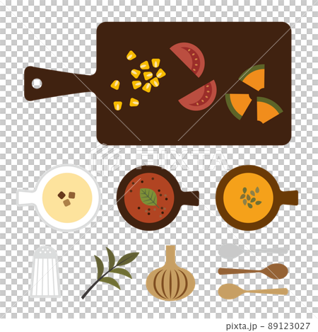 スープと焦茶のまな板に乗せた材料のイラスト 89123027