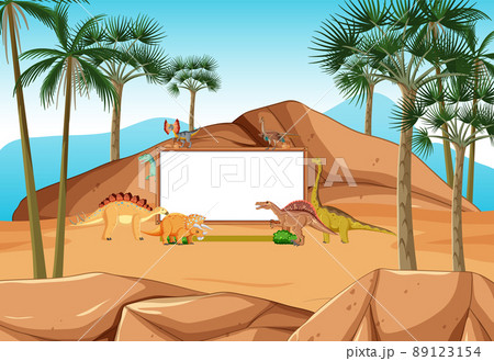 Scene with dinosaurs and whiteboard in the forest 89123154