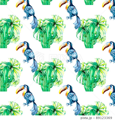 Seamless pattern of exotic leaves and toucan watercolor illustration on white 89123369