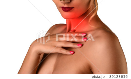 Sick woman suffer from sore throat touch enlarged lymph nodes staying home on sick leave. Unhappy young female with coronavirus disease, angina or pharyngitis illness symptoms. Girl feeling discomfort Sick woman suffer from sore throat touch enlarged lymph nodes staying home on sick leave. Unhappy young female with coronavirus disease, angina or pharyngitis illness symptoms. Girl feeling discomfort 89123636