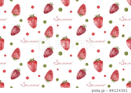 Summer strawberries seamless pattern. Watercolor illustration with red berries and dots Summer strawberries seamless pattern. Watercolor illustration with red berries and dots 89124301