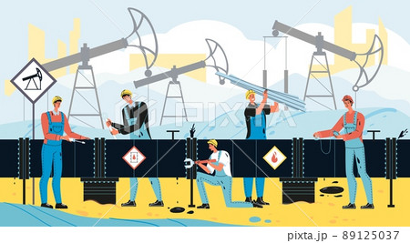 Technical worker repairing oil pipeline with tools 89125037