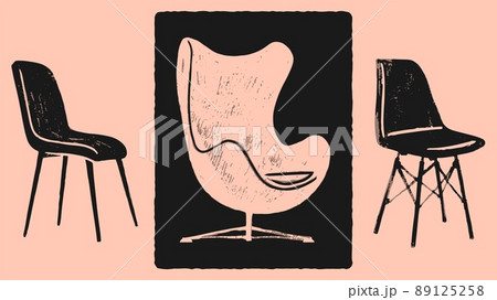 Famous furniture designs - chairs and armchair, hand drawn. Silhouettes retro style with textured brush strokes effect. 89125258