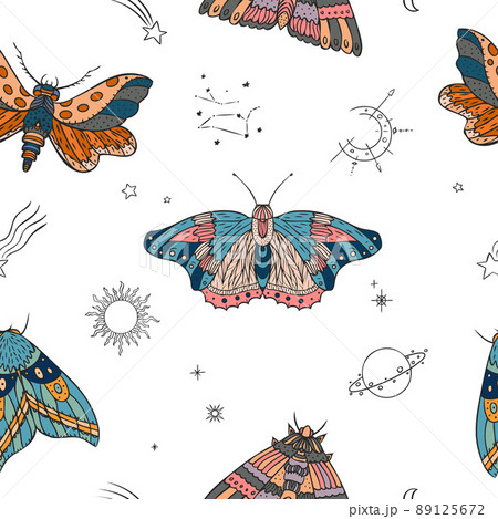 Night moth, symbols of the sky, sun and moon vector seamless pattern. 89125672