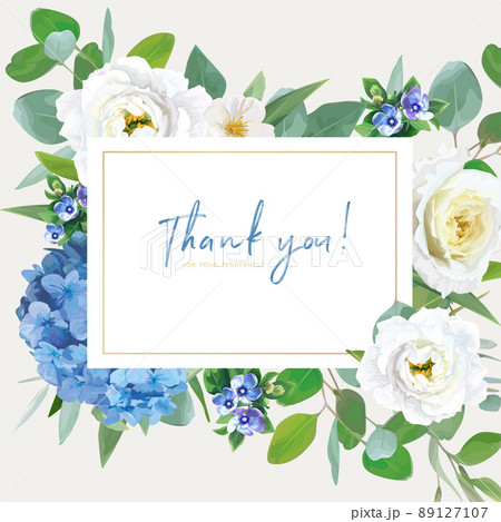 Wedding invite, thank you greeting card template design. Blue hydrangea flower, yellow roses, white eustoma, eucalyptus branches, greenery leaves bouquet frame, wreath. Elegant vector art illustration 89127107