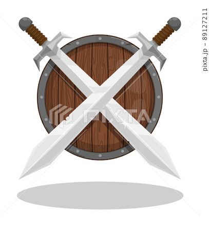 Pair of crossed knight swords against background of wooden Scandinavian shield. Ancient viking weapon. Cartoon vector isolated on white background 89127211
