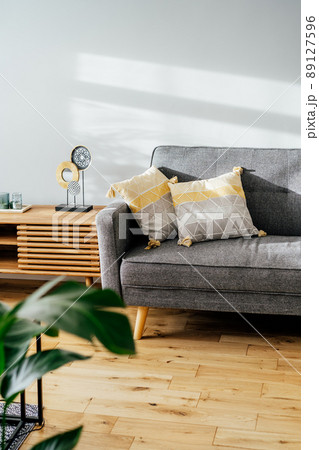 Stylish living room interior with designer console with decor and gray sofa with graphic pillows. White walls, green plants in the pots. Light wooden oak parquet. Modern Scandinavian style interior. Stylish living room interior with designer console with decor and gray sofa with graphic pillows. White walls, green plants in the pots. Light wooden oak parquet. Modern Scandinavian style interior. 89127596