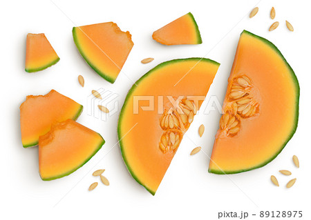 Cantaloupe melon isolated on white background with clipping path and full depth of field. Top view. Flat lay Cantaloupe melon isolated on white background with clipping path and full depth of field. Top view. Flat lay 89128975