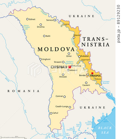 Moldova and Transnistria, political map. Republic of Moldova, with capital Chisinau, and the Pridnestrovian Moldavian Republic, PMR, a disputed and unrecognized breakaway state, with capital Tiraspol. 89129230
