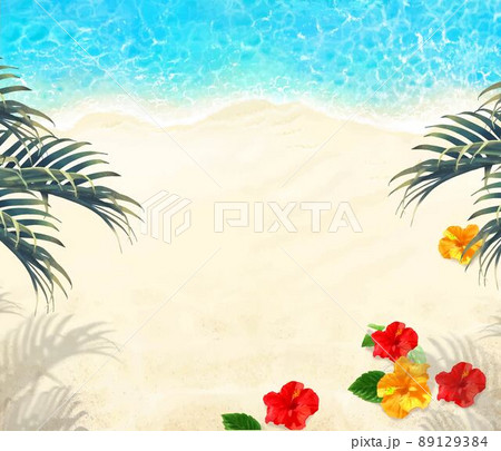 上から見た夏の砂浜とエメラルドグリーンの海の波打ち際にハイビスカスとヤシのある美しい背景素材 89129384