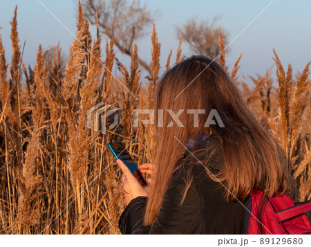 Pretty young woman in black coat with backpack smartphone on pampas grass sunset sky dry reeds Millennial long hair girl Pretty young woman in black coat with backpack smartphone on pampas grass sunset sky dry reeds Millennial long hair girl 89129680