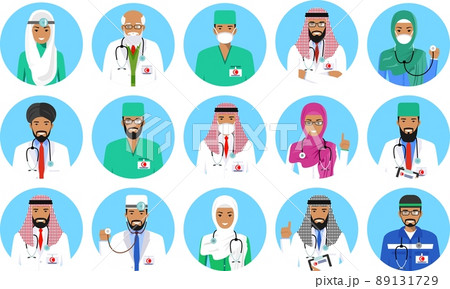 Different muslim arabian doctors, nurses characters avatars icons set in flat style isolated on white background. Differences islamic saudi arabic medical persons smiling faces. Vector illustration. 89131729