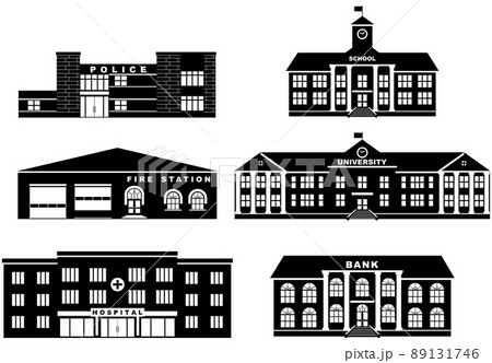 Set of silhouettes different buildings isolated on white background in flat style. Fire station, police department, school, university, bank and hospital. Vector illustration. 89131746