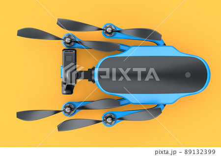 Flying photo and video drone or quad copter with action camera on yellow Flying photo and video drone or quad copter with action camera on yellow 89132399