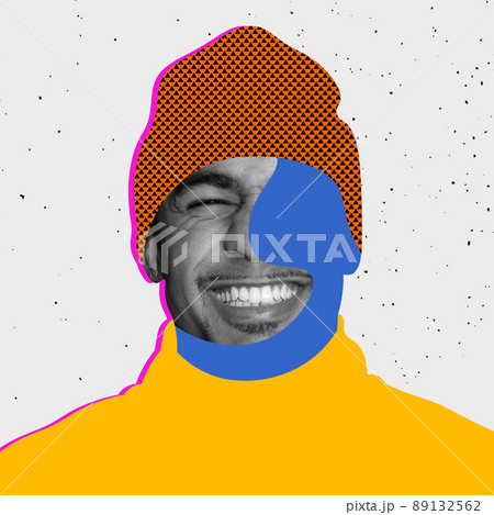 Contemporary colorful and conceptual bright art collage. Young smiling man in drawn stylish hat isolated over grey background 89132562