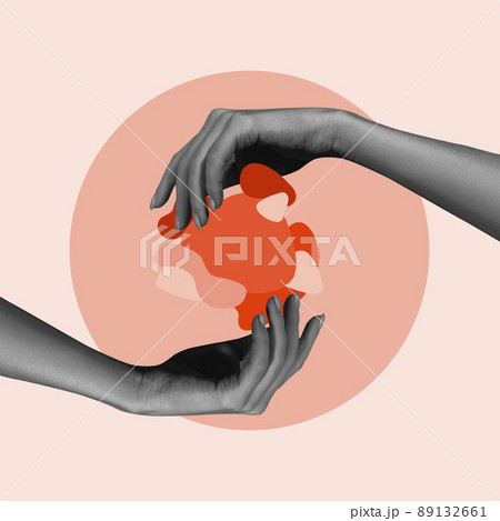 Care. Female hands with abstract elements on light background. Concept of human relations, relationship, feelings or love. Art collage 89132661