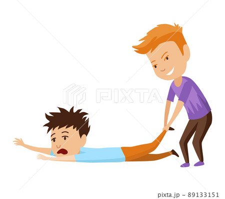 Kids bullying. Childish bullies or verbal and physical conflict between children. Bad child behavior, scared and strong angry children conflict, cartoon characters confrontation Kids bullying. Childish bullies or verbal and physical conflict between children. Bad child behavior, scared and strong angry children conflict, cartoon characters confrontation 89133151