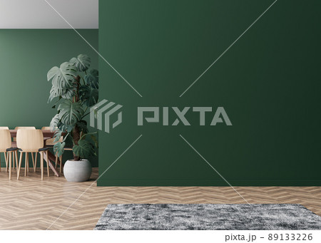 Room with parquet floor, dark green wall and empty space. Table with chairs, monstera plant. Mock up interior. Free, copy space for your furniture, picture, decoration and other objects. 3D rendering. Room with parquet floor, dark green wall and empty space. Table with chairs, monstera plant. Mock up interior. Free, copy space for your furniture, picture, decoration and other objects. 3D rendering. 89133226