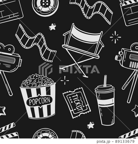 Doodle seamless pattern cinema flapping board film popcorn 3d glasses loudspeaker Vector illustration in doodle style isolated on black background 89133679