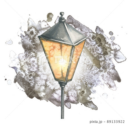 Watercolor illustration of a street lamp. A burning lantern on a pole, simple, black, isolated. 89133922