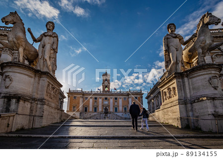 Capitolium Hill or Piazza del Campidoglio, designed by Michelangelo. One of the main attractions of Rome in sunrise light. Rome, Italy. 89134155
