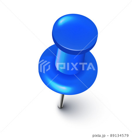 Realistic blue push pin. Board tack isolated on white background. Plastic pushpin with needle. Vector illustration. 89134579