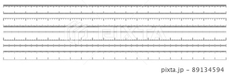 Various measurement scales with divisions. Realistic long scale for measuring length or height in centimeters, millimeters or inches. Ruler, tape measure marks, size indicators. Vector illustration 89134594