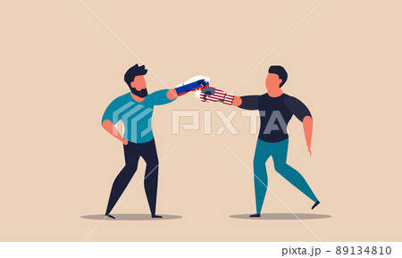 Usa vs russia and sanctions war. Country negotiation and impose duty. Imports trade conflict vector illustration concept. International price fight and american business. Punch dollar and economic Usa vs russia and sanctions war. Country negotiation and impose duty. Imports trade conflict vector illustration concept. International price fight and american business. Punch dollar and economic 89134810