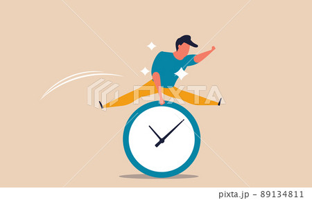 Office time clock and happy businessman. Busy man and deadline. Project schedule and hand plan vector illustration concept. Business character career and jump worker. Confident employee people 89134811