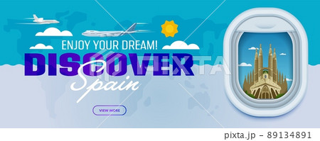 Discover Spain. Traveling the world by plane. Tourism and vacation theme. Attraction of airplane window. Modern flat vector design banner. 89134891