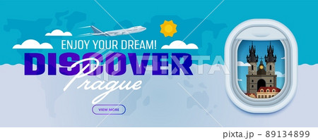 Discover Prague. Traveling the world by plane. Tourism and vacation theme. Modern flat design banner. Attraction of airplane window. 89134899