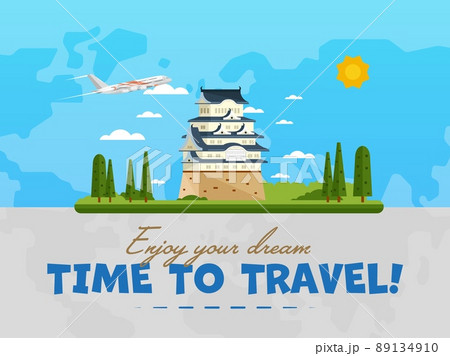 Welcome to Japan poster with famous attraction vector illustration. Travel design with Himeji Castle in Kansai Kyoto. Time to travel, discover new cultural places, tour guide for traveling agency 89134910