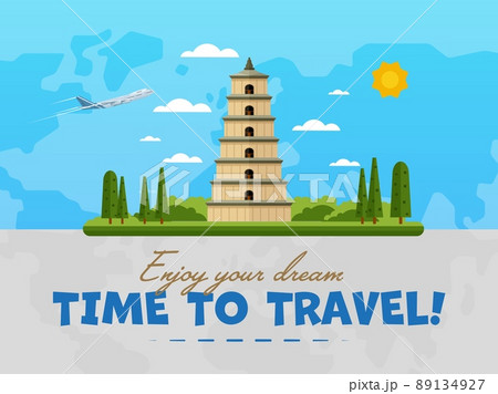 Welcome to China poster with famous attraction vector illustration. Travel design with ancient pagoda on background world map. Worldwide air traveling, discover new historical places concept 89134927