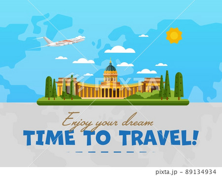 Welcome to Russia poster with famous attraction vector illustration. Travel design with Kazan Cathedral in Saint Petersburg. Worldwide landmark and historical place, tour guide for traveling agency 89134934