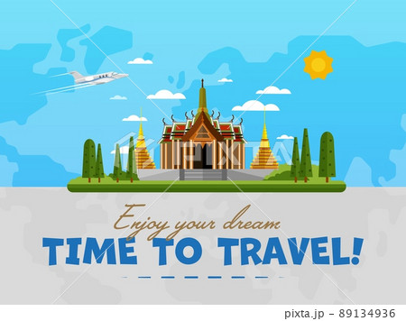 Welcome to Thailand poster with famous attraction vector illustration. Travel design with Temple of Emerald Buddha in Bangkok. Time to travel, discover new places, tour guide for traveling agency 89134936