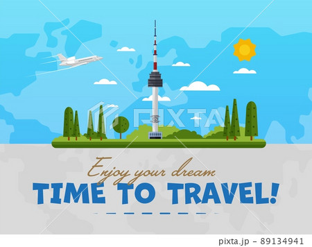 Welcome to Korea poster with famous attraction vector illustration. Travel design with Namsan tower in Seoul. Worldwide air tourism, traveling agency banner, South Korea architectural landmark banner 89134941