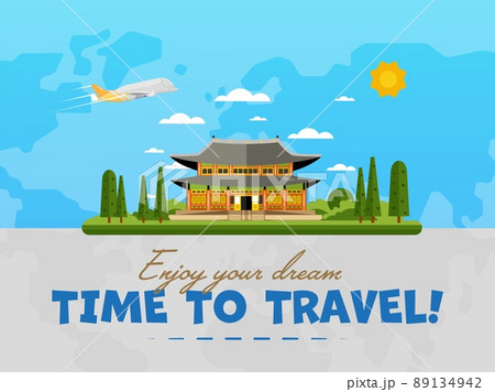 Welcome to Korea poster with famous attraction vector illustration. Travel design with Deoksugung palace in Seoul. Worldwide traveling, time to travel, discover new historical building, explore world 89134942