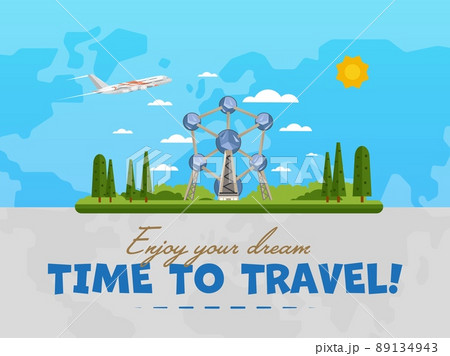 Welcome to Belgium poster with famous attraction vector illustration. Travel design with futuristic modern building. Famous architectural landmark, worldwide traveling concept, tourist agency banner Welcome to Belgium poster with famous attraction vector illustration. Travel design with futuristic modern building. Famous architectural landmark, worldwide traveling concept, tourist agency banner 89134943