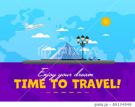 Welcome to France poster with famous attraction vector illustration. Travel design with Louvre museum pyramid. Time to travel concept with France architectural landmark, guide for traveling agency 89134946