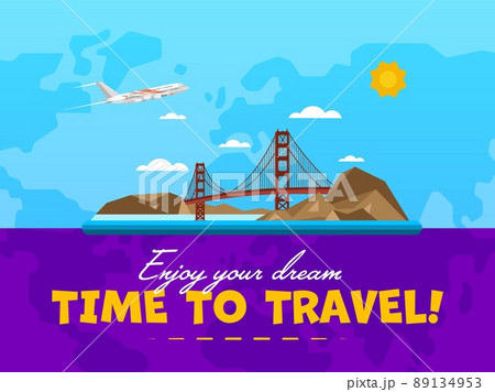 Welcome to USA poster with famous attraction vector illustration. Travel design with Golden Gate bridge in San Francisco. Time to travel, discover new places concept, tour guide for traveling agency 89134953