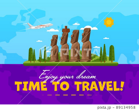 Welcome to Chile poster with famous attraction vector illustration. Travel design with Moai statues from Easter island. Worldwide air traveling, time to travel, discover new historical places 89134958