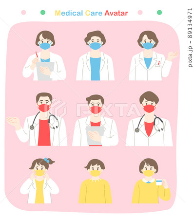 マスクをつけた白衣の男女の医者と子供 主線なしイラストセット マスクをつけた白衣の男女の医者と子供 主線なしイラストセット 89134971