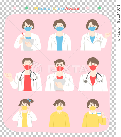Male and female doctors and children in white coats with masks Illustration set without main line Male and female doctors and children in white coats with masks Illustration set without main line 89134971