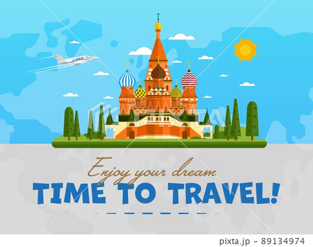 Welcome to Russia poster with famous attraction vector illustration. Travel design with Saint Basil's Cathedral at Red Square. World landmark and historical place, tour guide for traveling agency 89134974