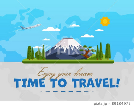 Welcome to Japan poster with famous attraction vector illustration. Travel design with Fujiyama mountain on background world map. Worldwide air traveling, time to travel, discover new places 89134975